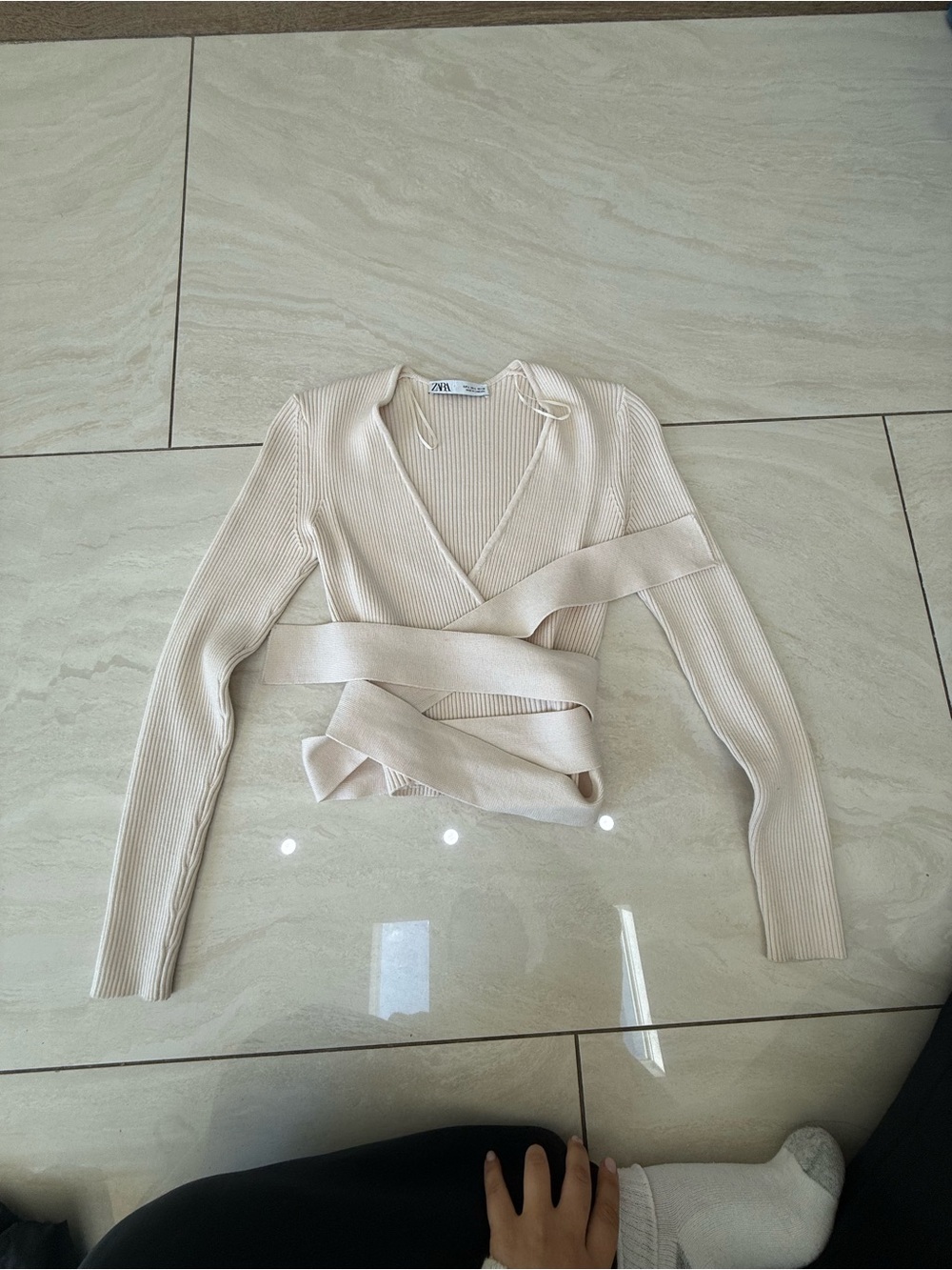 Zara Ribbed V‑Neck Wrap Top in Beige - Picture 2 of 5